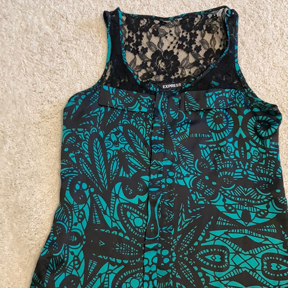 Express size small dressy tank with Lacey back. Green and black.